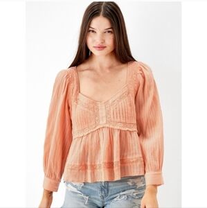 NWT AMERICAN EAGLE Peach Lace Gauze Boho Romantic Long Sleeve Babydoll Blouse